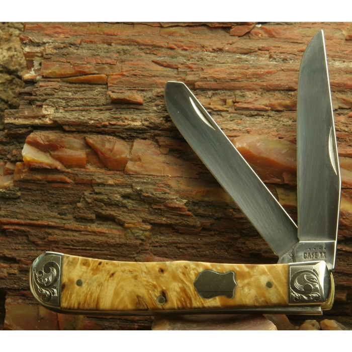 Smooth Natural Box Elder Wood Handled Trapper with Scrolled Bolsters and Gift Box 72524 - Engravable